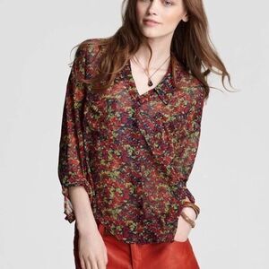Free People Sheer Floral Blouse Large Easy Rider Button Top Hi Low Long Sleeve